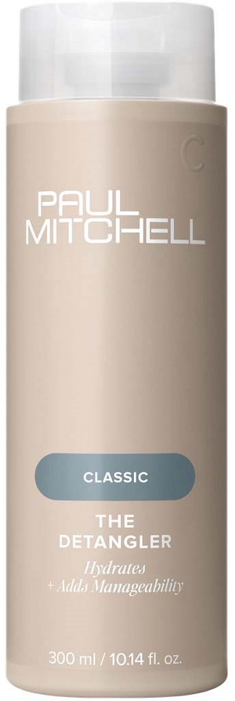 A beige bottle with a clear cap, labeled Paul Mitchell Classic The Detangler, 300 ml.
