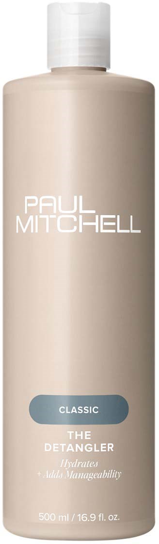 A beige bottle with white cap, labeled Paul Mitchell, Classic, The Detangler, 500ml.