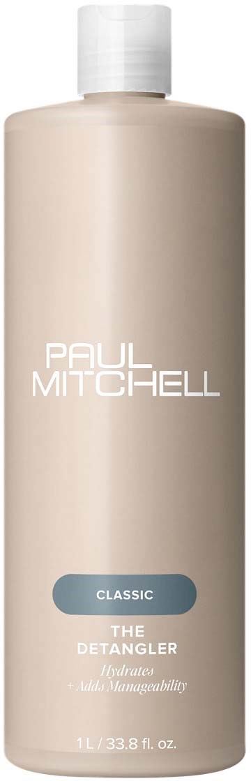 A beige bottle labeled Paul Mitchell, Classic, The Detangler, hydrating and helps combing. 1 liter capacity.