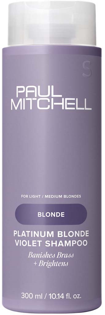 Paars flesje Platinum Blonde Violet Shampoo voor middelblonde haren van Paul Mitchell, 300 ml.