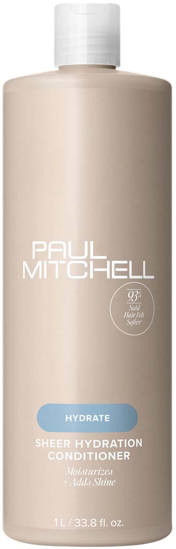 Beige pullo Paul Mitchell Hydrate Sheer Hydration Conditioner ja valkoinen kansi.