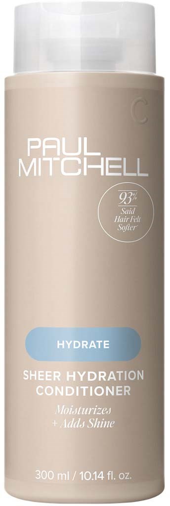 Een beige fles met Paul Mitchell Sheer Hydration Conditioner met blauwe en witte tekst, 300 ml.