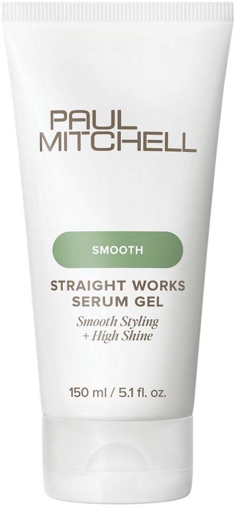 A white tube of Paul Mitchell Smooth Straight Works Serum Gel for shiny, smooth hair styling.