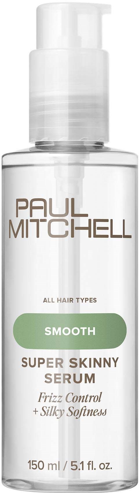 A clear bottle of Paul Mitchell Super Skinny Serum with pump, labeled for all hair types, smooth and frizz control.