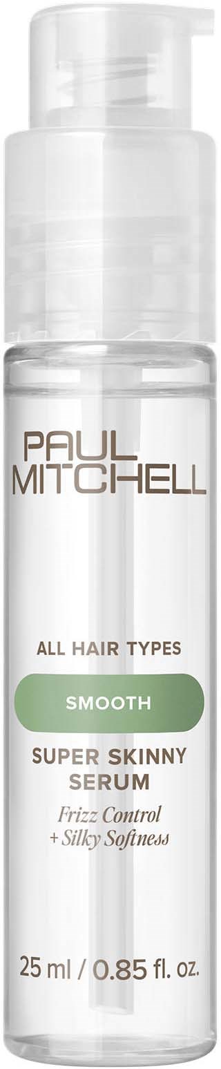 Clear pump bottle with white label, brown and green text, and a green band. Contains hair serum for all hair types.