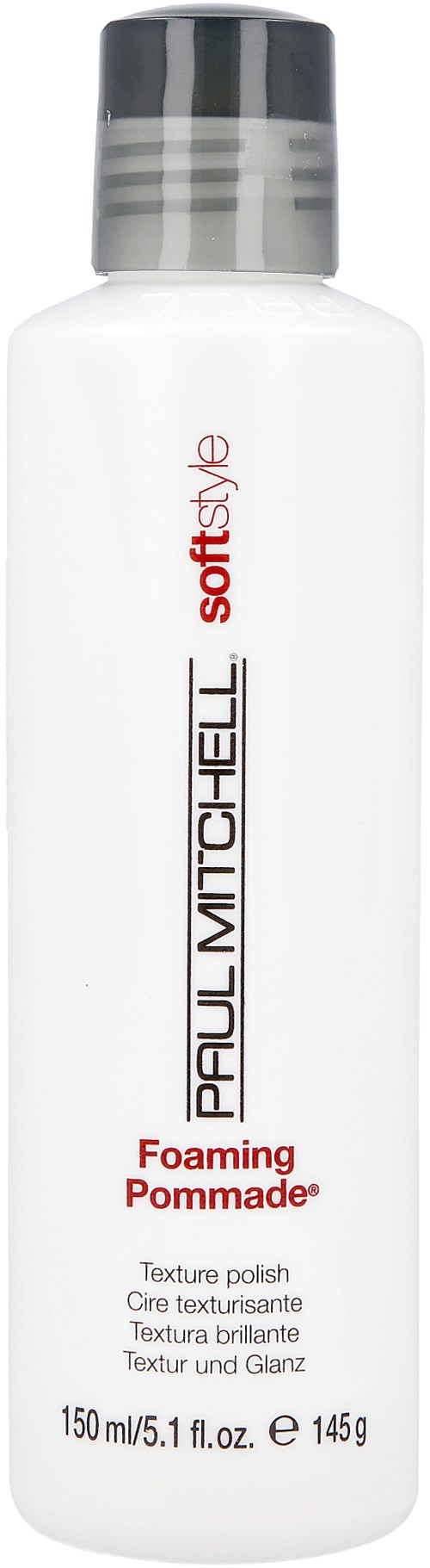 Een witte fles met een zwarte dop, label zegt 'Paul Mitchell softstyleFoaming Pommade,' 150ml.