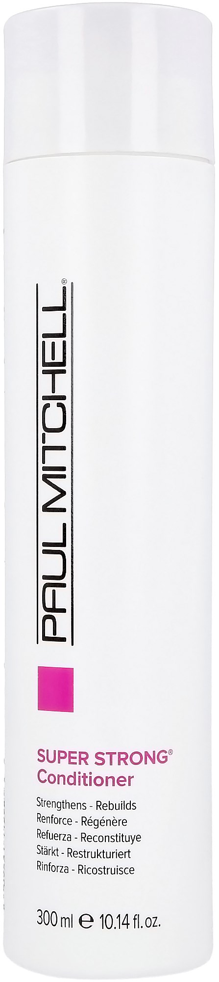 En vit flaska med Paul Mitchell Super Strong Balsam, 300 ml, avsedd att stärka och bygga upp håret.