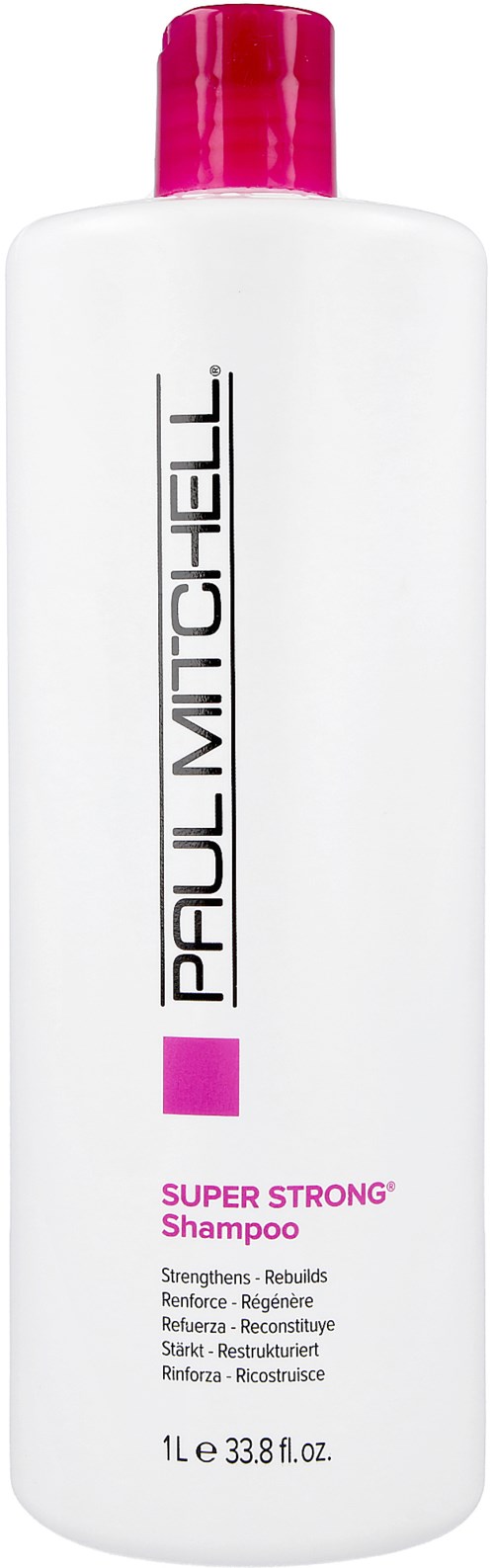 En vit flaska med röd kork, märkt Paul Mitchell Super Strong Shampoo, med svart och rosa text.