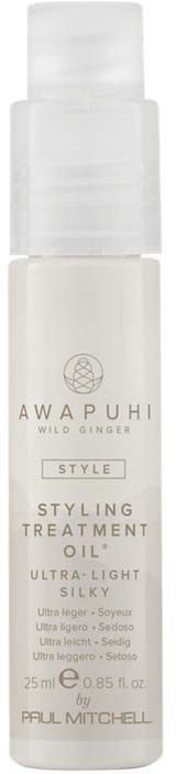 Pieni valkoinen pullo, jossa lukee AWAPUHI Styling Treatment Oil, ultra-keveä, silkkinen, 25 ml, Paul Mitchell.