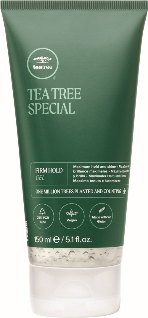 Groene tube van Teatree Special Firm Hold Gel met productgegevens en symbolen voor veganistisch, glutenvrij en 150 ml.