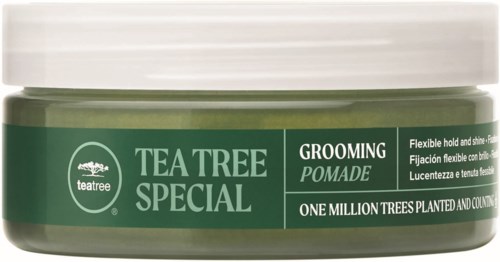 Green jar of Teatree Special Grooming Pomade with white lid, used for hair styling, with trees printed on label.