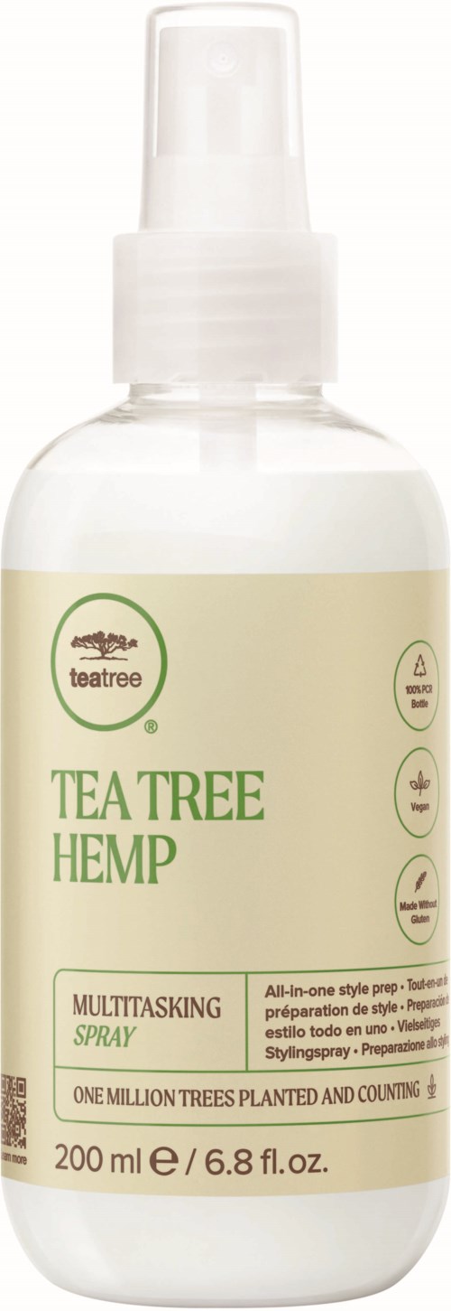 A spray bottle labeled Tea Tree Hemp Multitasking Spray, containing 200 ml, with icons for various uses and natural ingredients.