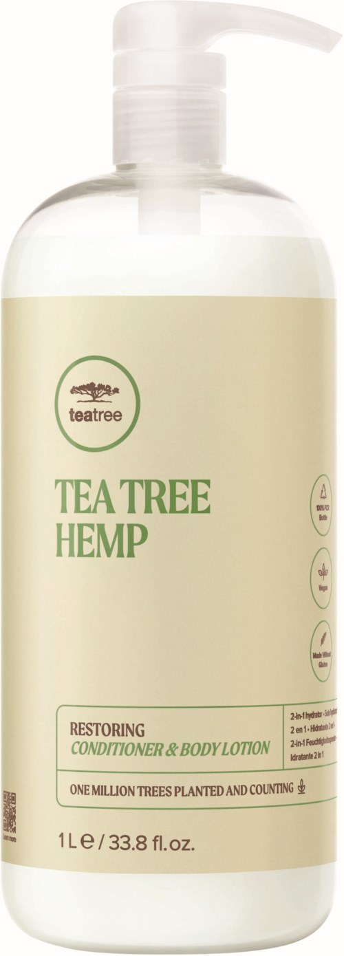 A white bottle with a pump top, labeled Tea Tree Hemp restoring conditioner and body lotion, 33.8 fl oz.