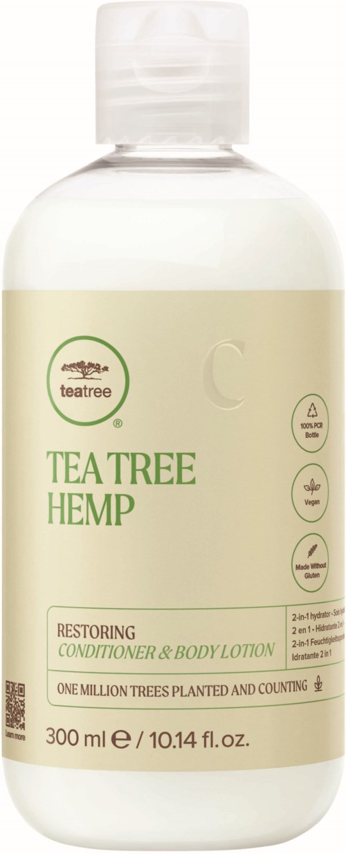 A bottle of Teatree Hemp conditioner and body lotion, 300ml, with a simple white and green label.