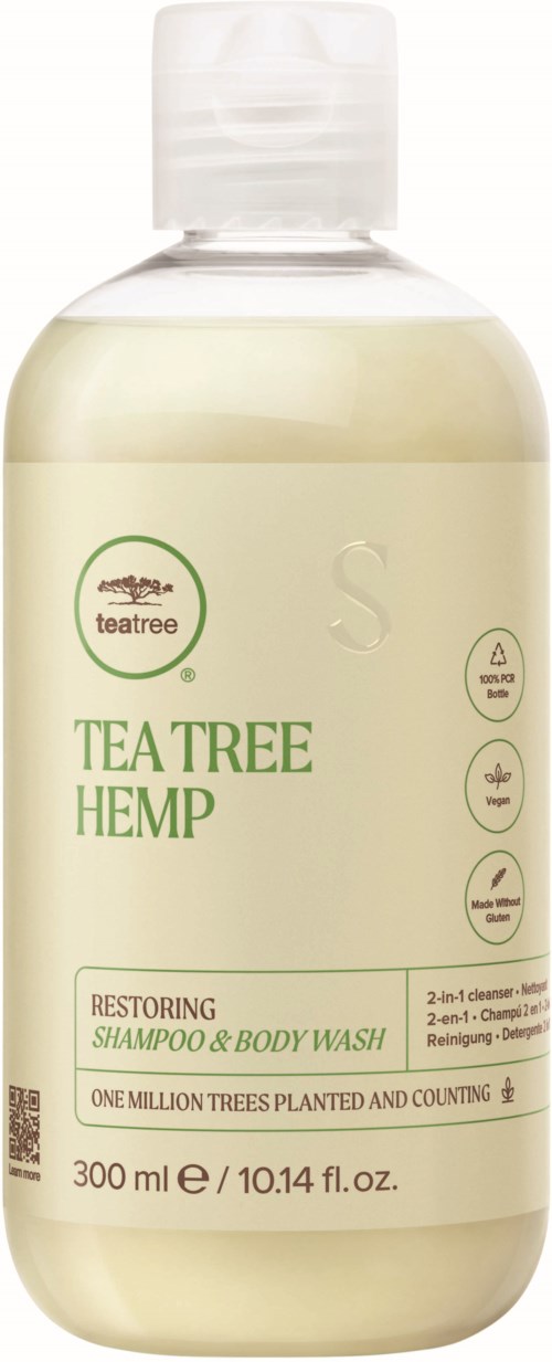 A bottle of tea tree hemp restoring shampoo and body wash, 300 ml, with green text and icons on a white background.