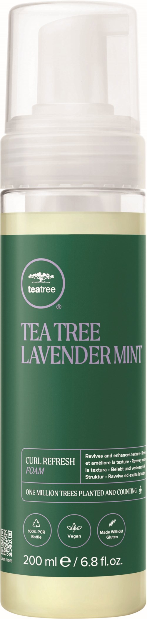 A green and white bottle labeled "Tea Tree Lavender Mint" with a pump top, used for hair or skin.