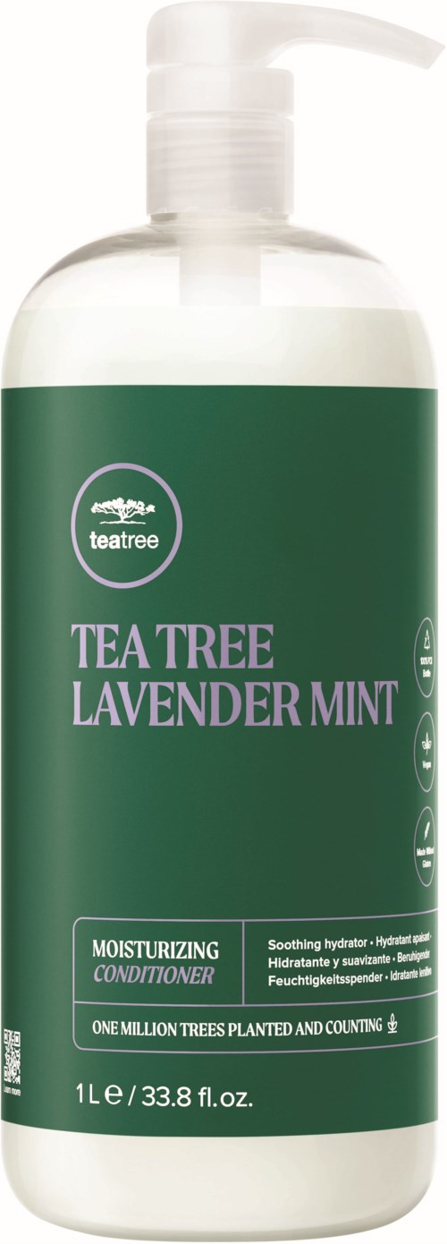 A tall, clear bottle with a pump, containing teal and purple label for Tea Tree Lavender Mint conditioner.