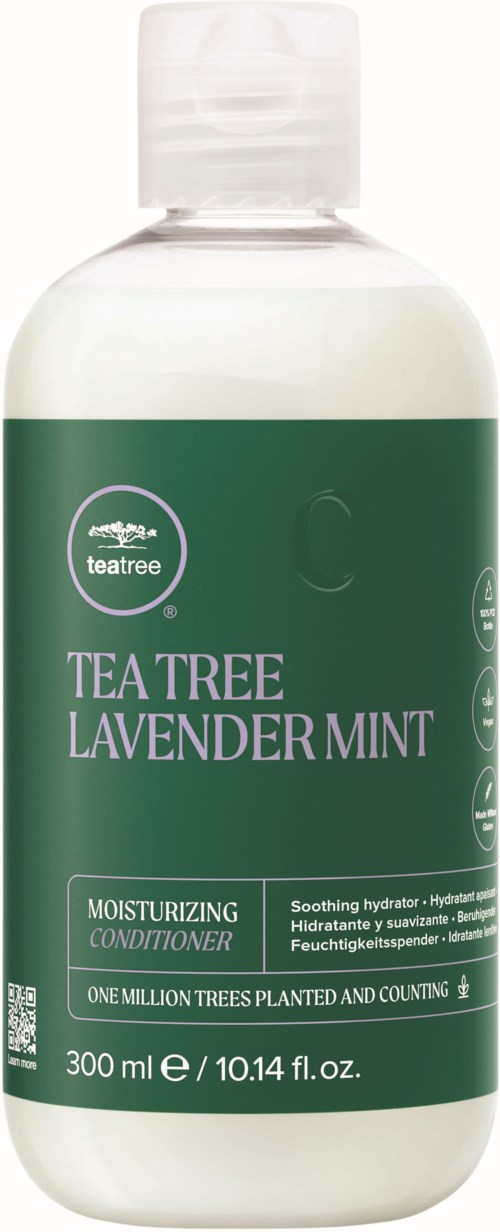 A green and white bottle labeled 'Tea Tree Lavender Mint' conditioner, containing 300 ml, with a white cap.
