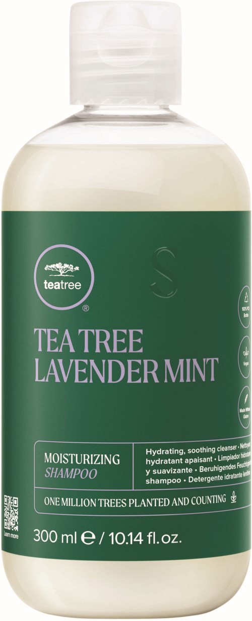 A bottle of Tea Tree Lavender Mint moisturizing shampoo, green label, white cap, 300 ml, soothes and hydrates hair.