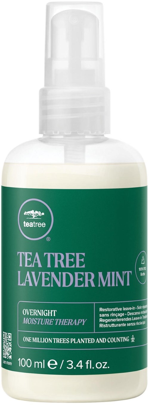 A white spray bottle with green label shows tea tree, lavender, and mint, used for overnight moisture therapy. 100 ml.