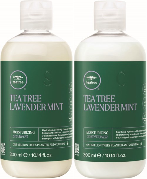 Two bottles of tea tree lavender mint shampoo and conditioner, each 300 ml, with green labels indicating moisturizing and soothing properties.