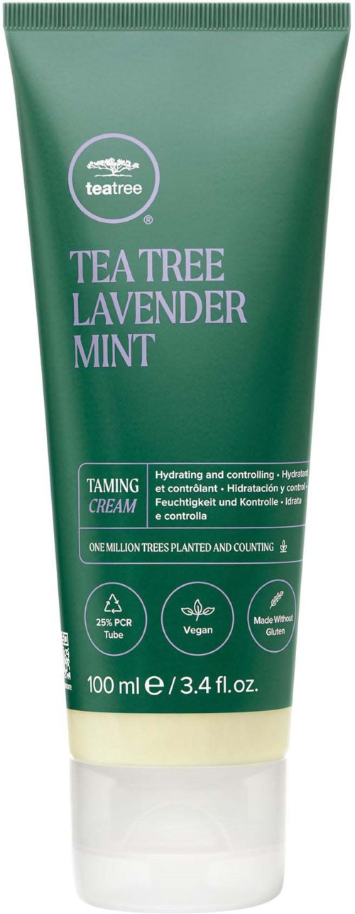 A green tube of skin cream labeled Tea Tree Lavender Mint, made for hydrating and controlling skin, vegan, 100ml.