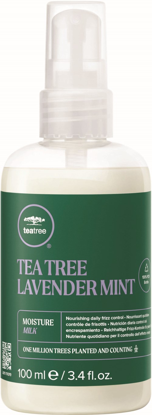 A white spray bottle with green label, named Tea Tree Lavender Mint, for moisturizing skin. It contains 100 ml.