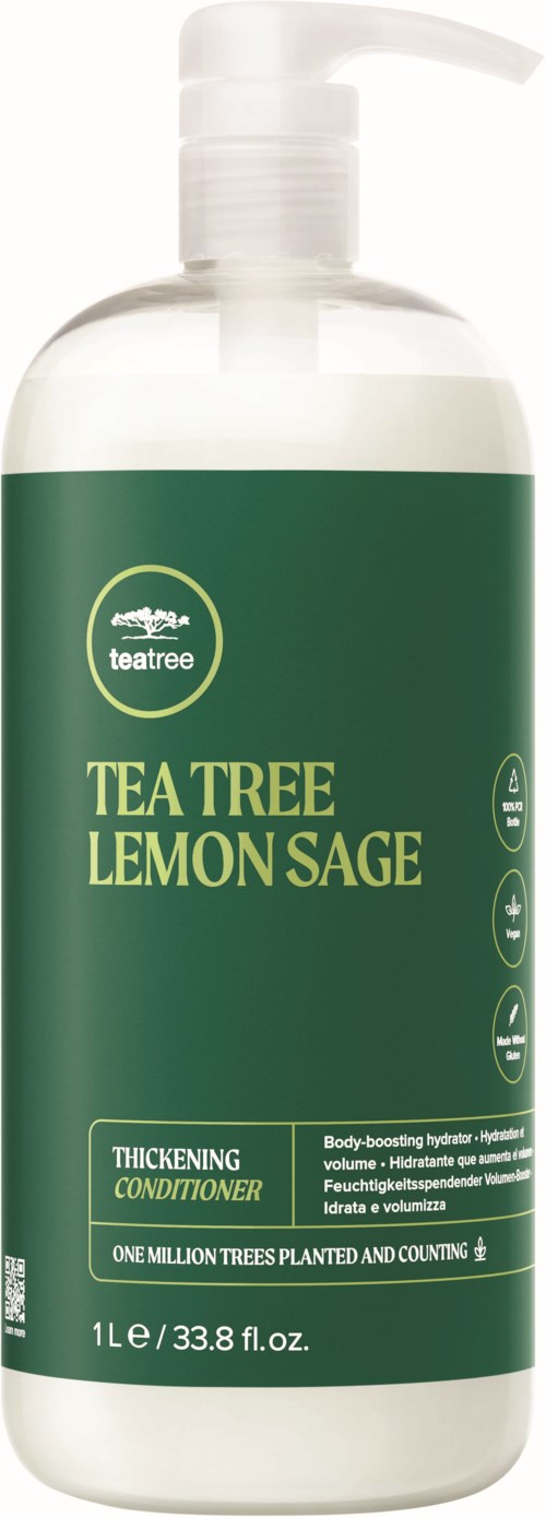Vihreä pullo pumpulla, merkinnällä 'Teatree Lemon Sage' hoitoaine, koko 1 litra.
