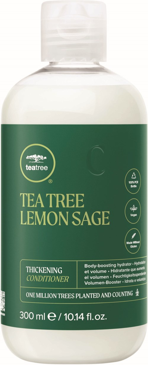 Vihreä ja valkoinen pullo Teatree Lemon Sage paksuuntavaa hoitoaineita, 300 ml tilavuus ja tuotemerkin logo.