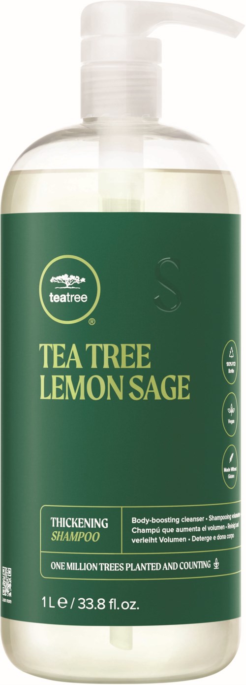 Een groene fles met pomp, met label 'Tea Tree Lemon Sage' en 'Thickening Shampoo', bevat haarverzorgingsproduct.