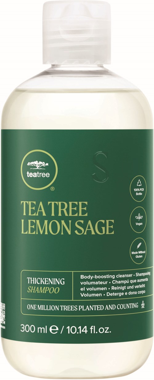 Vihreä ja valkoinen pullo Tea Tree Lemon Sage -vahvistavasta shampoonistä, sitrus- ja salvian tuoksulla.