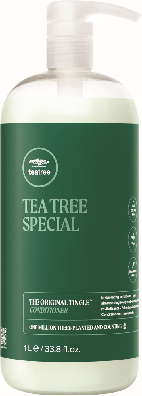 A white bottle with a green label for Tea Tree Special conditioner, containing 1 liter. The label has text and small icons.