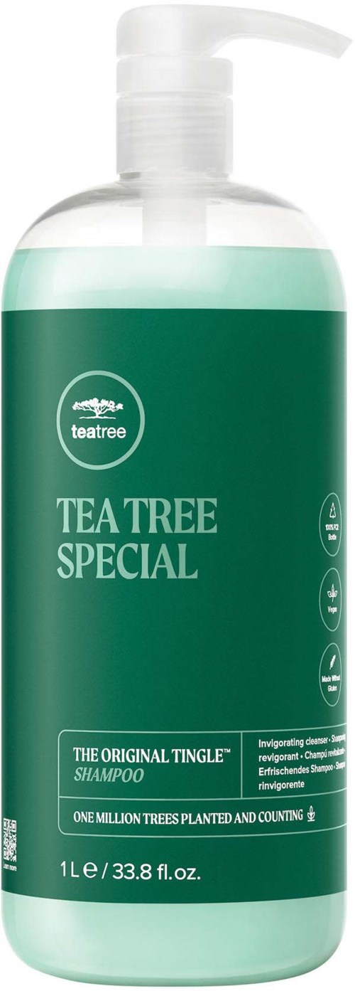 A teal-colored shampoo bottle with a white pump, labeled 'Teatree Special' and 'The Original Tingle', holds 1 liter.