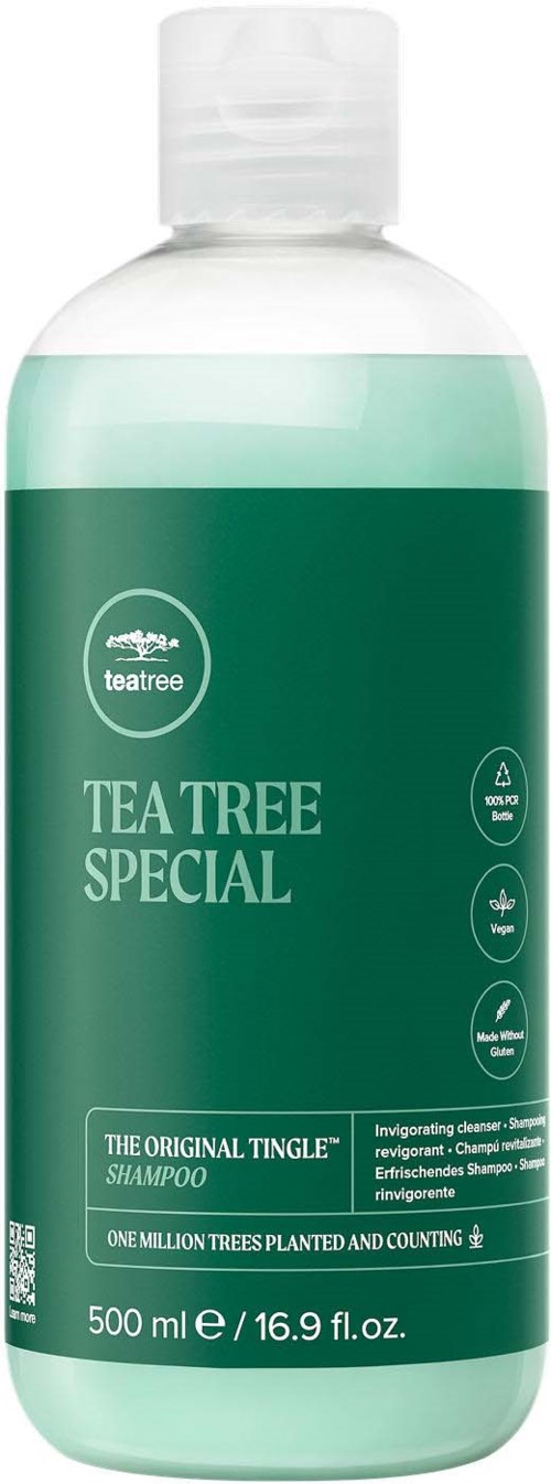 Flaska med Teatree special schampo med grön etikett, 500 ml, främjar hälsosam skalp och hår, kopplat till naturen.