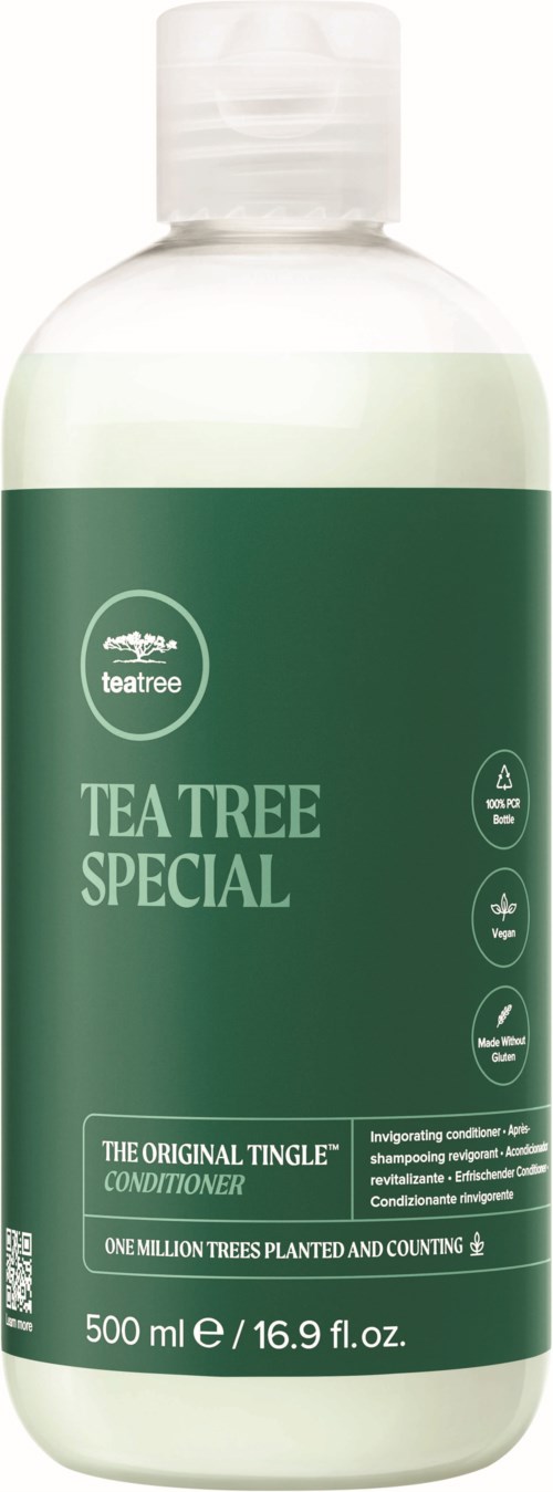 A green and white bottle labeled 'Tea Tree Special' with icons and text about hair conditioning and natural ingredients.
