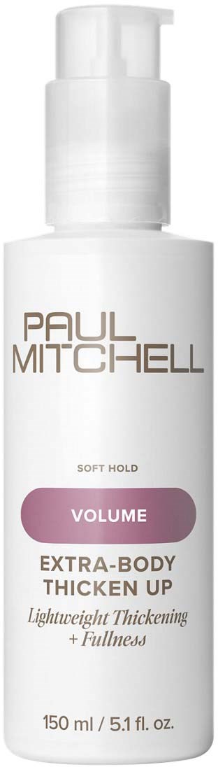 En vit flaska med pump märkt Paul Mitchell för förtjockning och volym av kroppen.