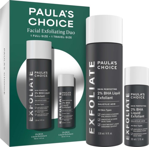 Ett box visas med Paula's Choice ansiktspeeling duo, inklusive fullstor och reseförpackning, märkta med 2% BHA och salicylsyra.