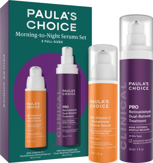 Paula's Choice ihonhoitosetti, sisältää kaksi seerumia päivä- ja yökäyttöön, sisältää C-vitamiinia, glutathionea ja retinoideja.