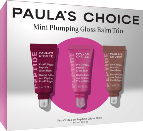 Kolme putkea Paula's Choice Mini Plumping Gloss Balm Trio pakkauksessa, värit pinkki, lila ja ruskea.