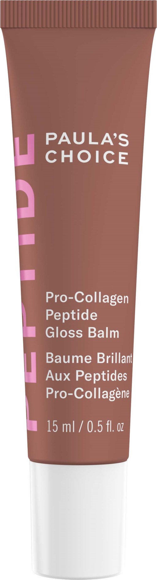 En rosa-brun tub med Paula's Choice Pro-Collagen Peptide Gloss Balm med vit text och vit lock.