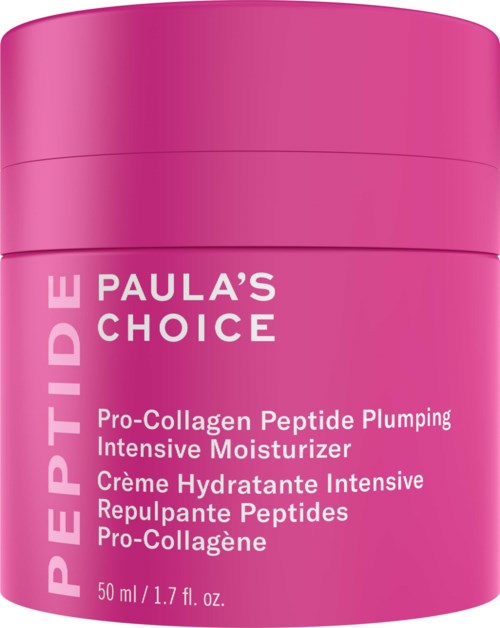 En rosa burk med Paula's Choice Pro-Collagen Peptide Plumping Moisturizer med vit text på etiketten.