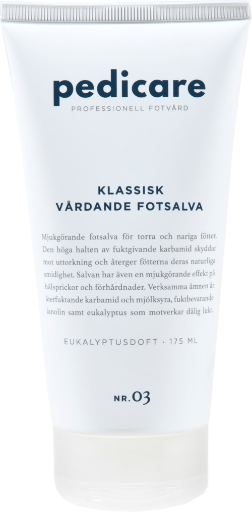 Eine weiße Tube mit Fußpflegemittel, blau beschriftet 'pedicare' und als klassischer, pflegender Fußsalbe beschrieben.