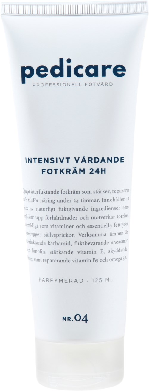 Eine weiße Tube Pedicare-Fußcreme mit blauer Schrift, für intensive, erneuernde 24-Stunden-Verwendung.