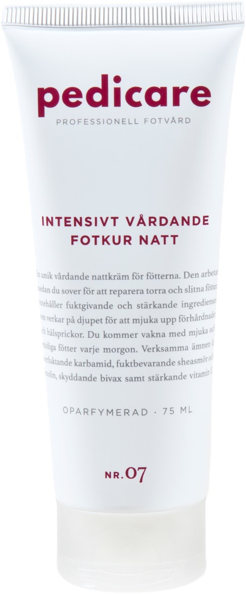 Eine weiße Tube mit der Aufschrift 'pedicare' in roter Schrift, ein Fußpflegeprodukt für die Nacht.