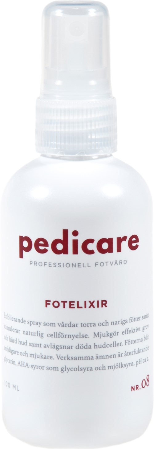 Eine weiße Sprühflasche mit der Aufschrift 'pedicare' für Fußpflege und durchsichtiger Sprühkopf.