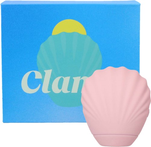 Eine blaue Schachtel mit dem Wort "Clap" und einer schalentierförmigen Seife oder Schwamm in Rosa. Die Schachtel hat eine gelbe Sonne.
