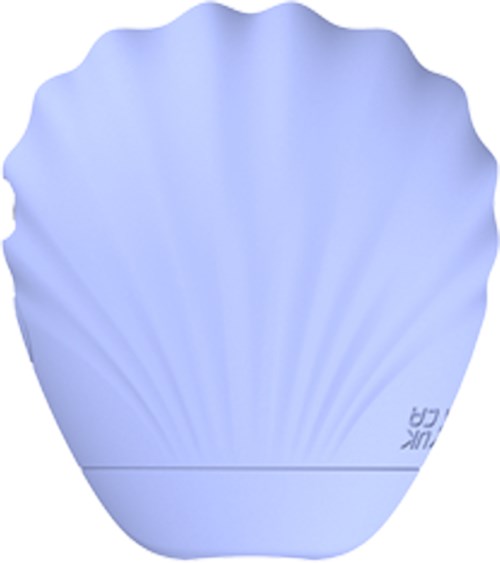 Ein hellblaues, muschelähnliches Objekt mit gewellter Kante und strahlenden Linien. Unten rechts ist Text.