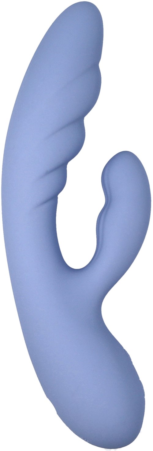 Ein blauer Silikon-Vibrator mit gebogener, strukturierter Form und kleinem Arm für externe Stimulation.
