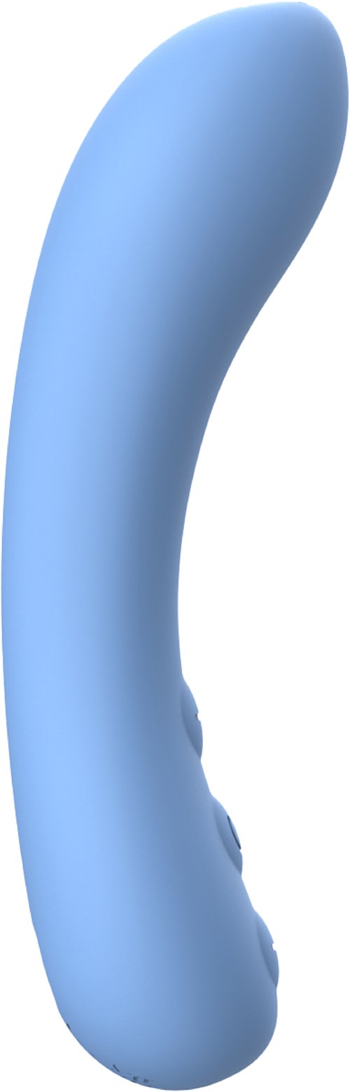 Ein blauer, gebogener, glatter Gegenstand mit abgerundet. Ende und Griff unten.