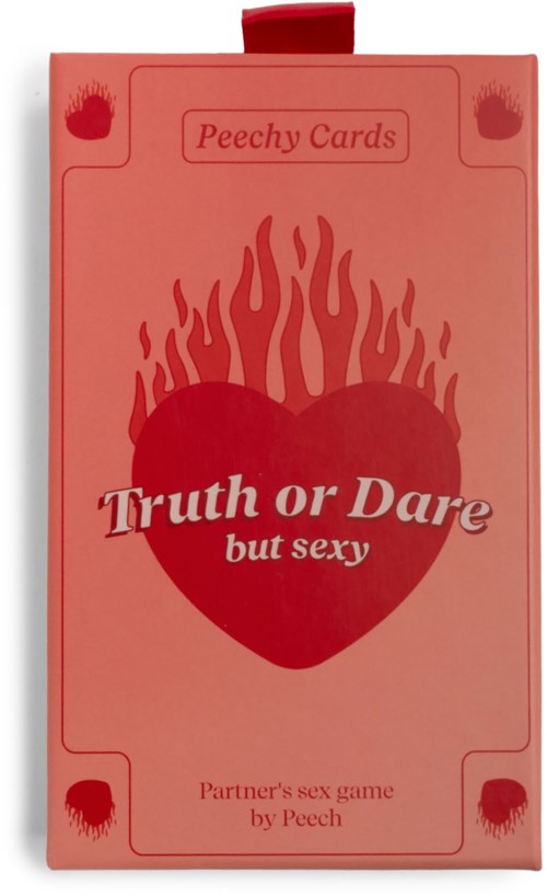 Eine rosa Box mit der Aufschrift Peashy Cards enthält ein Spiel namens 'Truth or Dare but sexy' mit einem brennenden roten Herz.